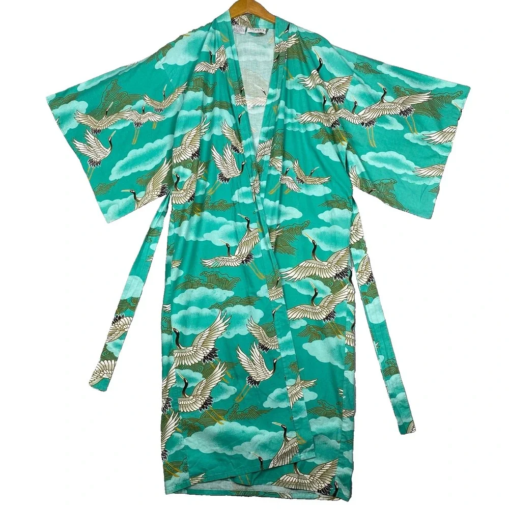 Vtg Passports Pier 1 Kimono Robe Womens OS Crane Bird Print Made in Hong Kong